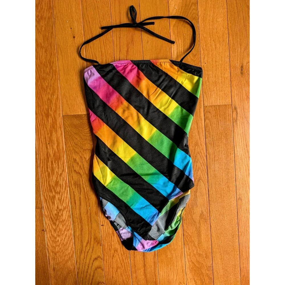 Vintage 80s Gottex One Piece Swim Suit High Leg Rainbow Black Stripe Retro S